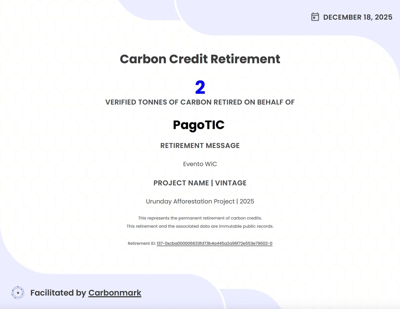 Carbonmark retirement certificate