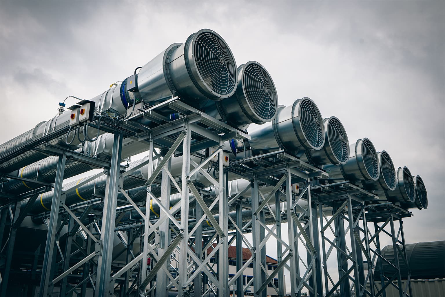 Rows of large industrial fans at a direct air capture facility